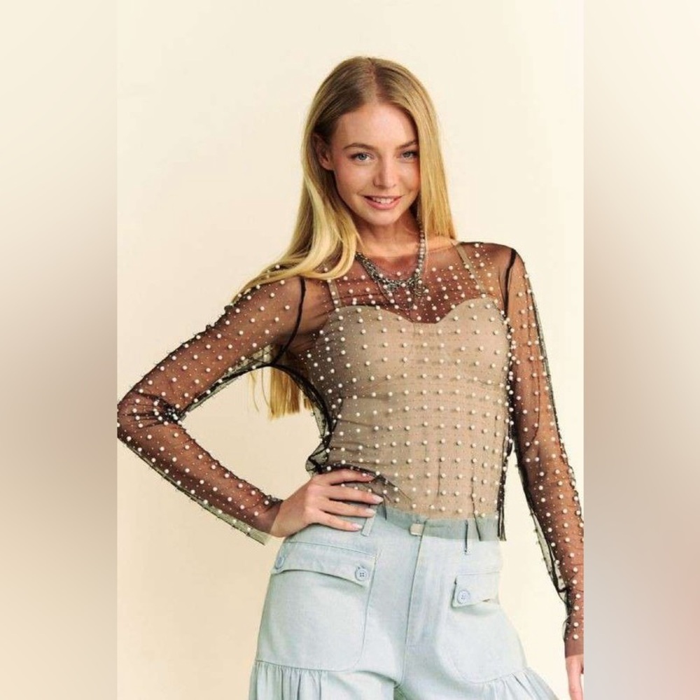 🟠 213b. Bead & Pearl Embellished Long Sleeve Mesh Top - Black